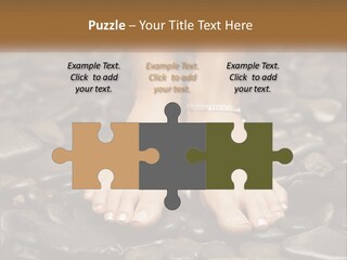 A Woman's Bare Feet On Rocks With A Name Plate PowerPoint Template