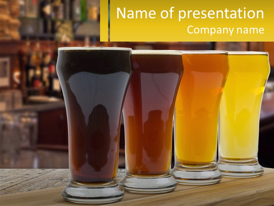 A Row Of Beer Glasses Sitting On Top Of A Wooden Table PowerPoint Template