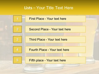 A Row Of Beer Glasses Sitting On Top Of A Wooden Table PowerPoint Template