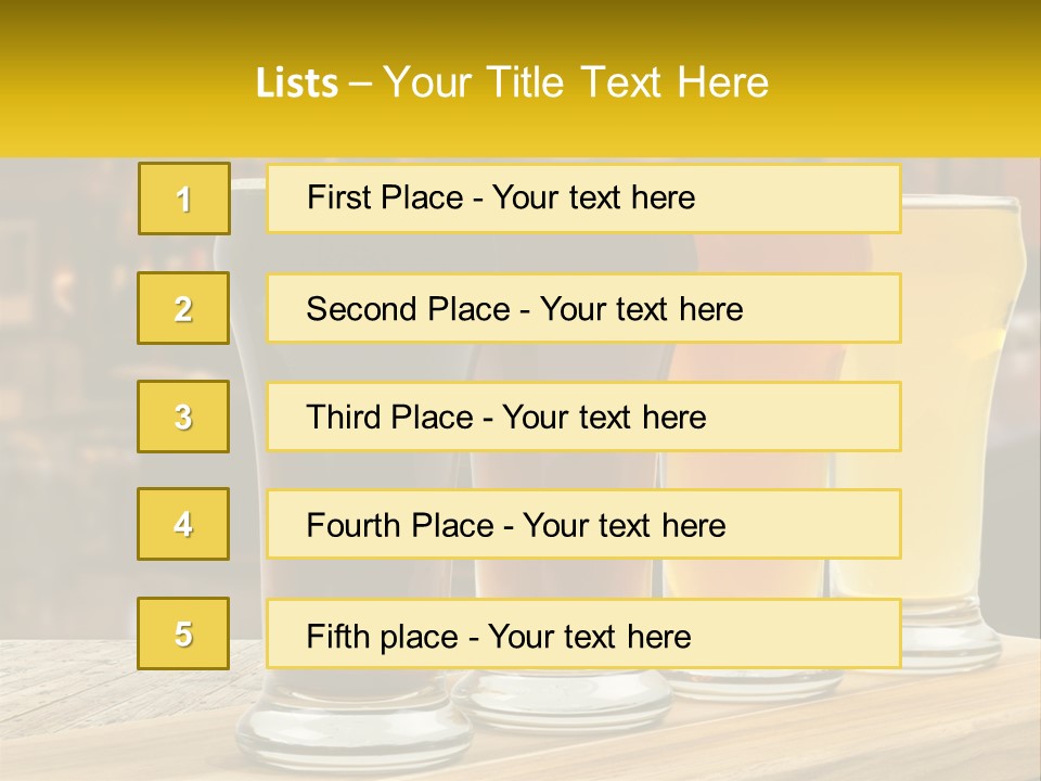 A Row Of Beer Glasses Sitting On Top Of A Wooden Table PowerPoint Template
