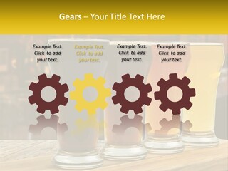 A Row Of Beer Glasses Sitting On Top Of A Wooden Table PowerPoint Template
