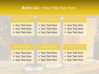 A Row Of Beer Glasses Sitting On Top Of A Wooden Table PowerPoint Template