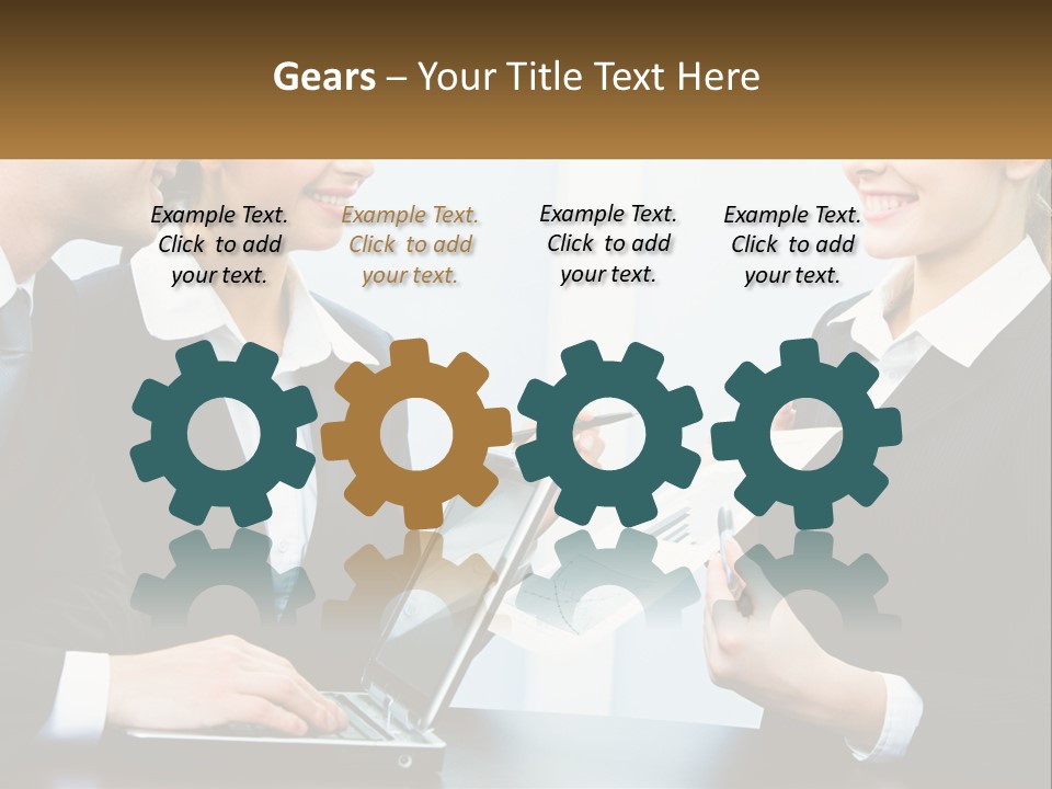 A Group Of People Standing Around A Laptop Computer PowerPoint Template