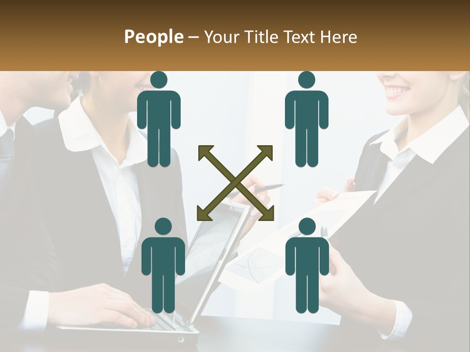 A Group Of People Standing Around A Laptop Computer PowerPoint Template