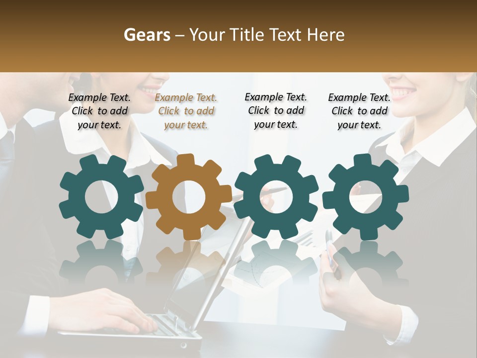 A Group Of People Standing Around A Laptop Computer PowerPoint Template