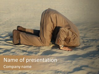 A Man Is Laying In The Sand With His Head In His Hands PowerPoint Template