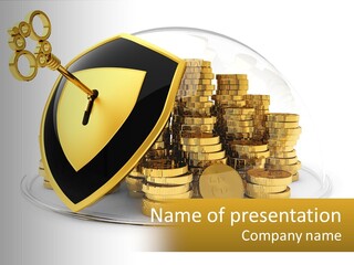 A Shield And A Pile Of Gold Coins With A Golden Key On Top Of It PowerPoint Template