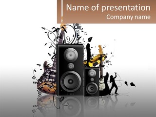 A Speaker With Music Notes And A Guitar In The Background PowerPoint Template