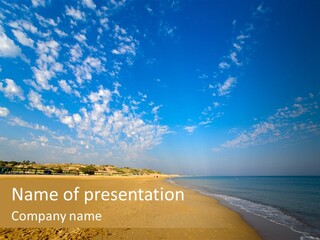 A Sandy Beach With Blue Sky And Clouds PowerPoint Template