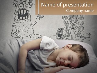 A Young Boy Sleeping On A Bed With A Monster Drawn On The Wall Behind Him PowerPoint Template