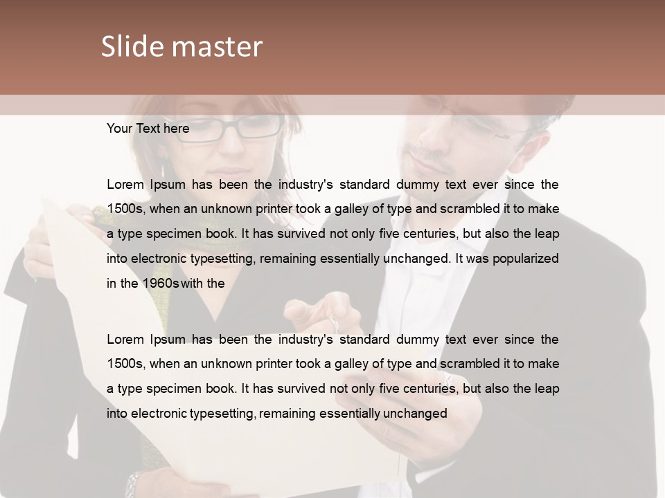 A Man And Woman Looking At A Piece Of Paper PowerPoint Template