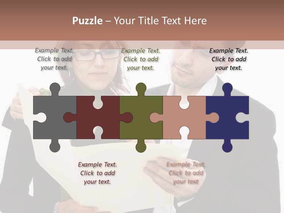 A Man And Woman Looking At A Piece Of Paper PowerPoint Template