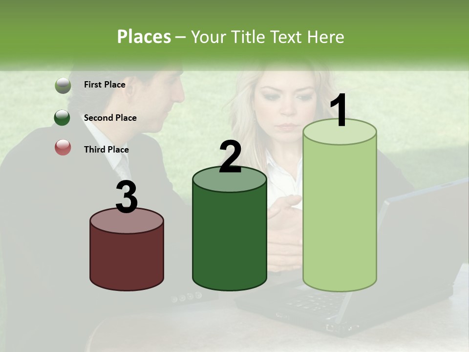 A Man And Woman Sitting At A Table Looking At A Laptop PowerPoint Template