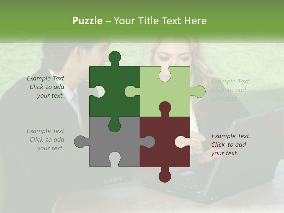 A Man And Woman Sitting At A Table Looking At A Laptop PowerPoint Template