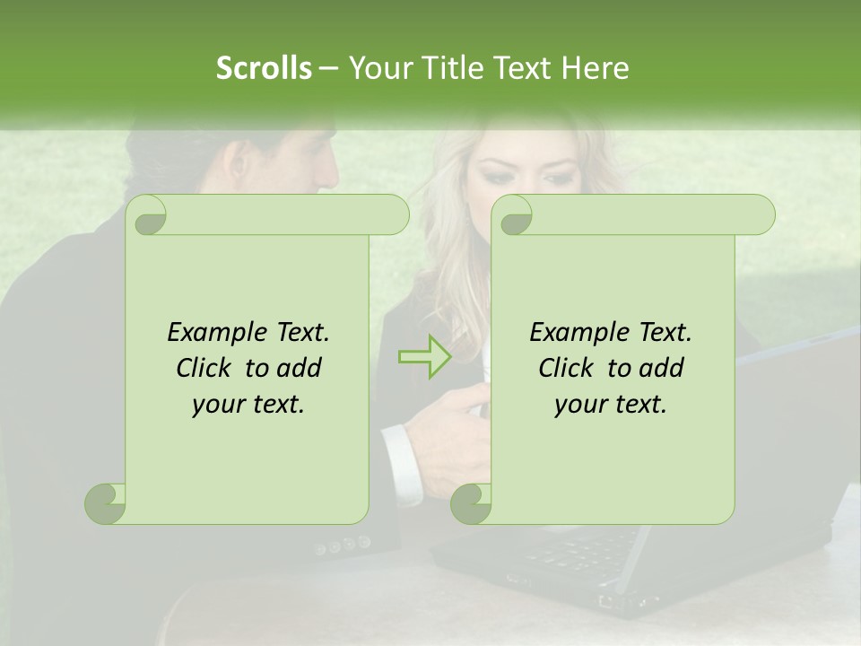 A Man And Woman Sitting At A Table Looking At A Laptop PowerPoint Template