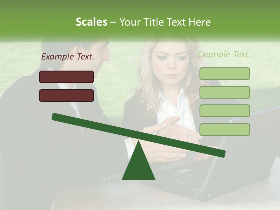 A Man And Woman Sitting At A Table Looking At A Laptop PowerPoint Template