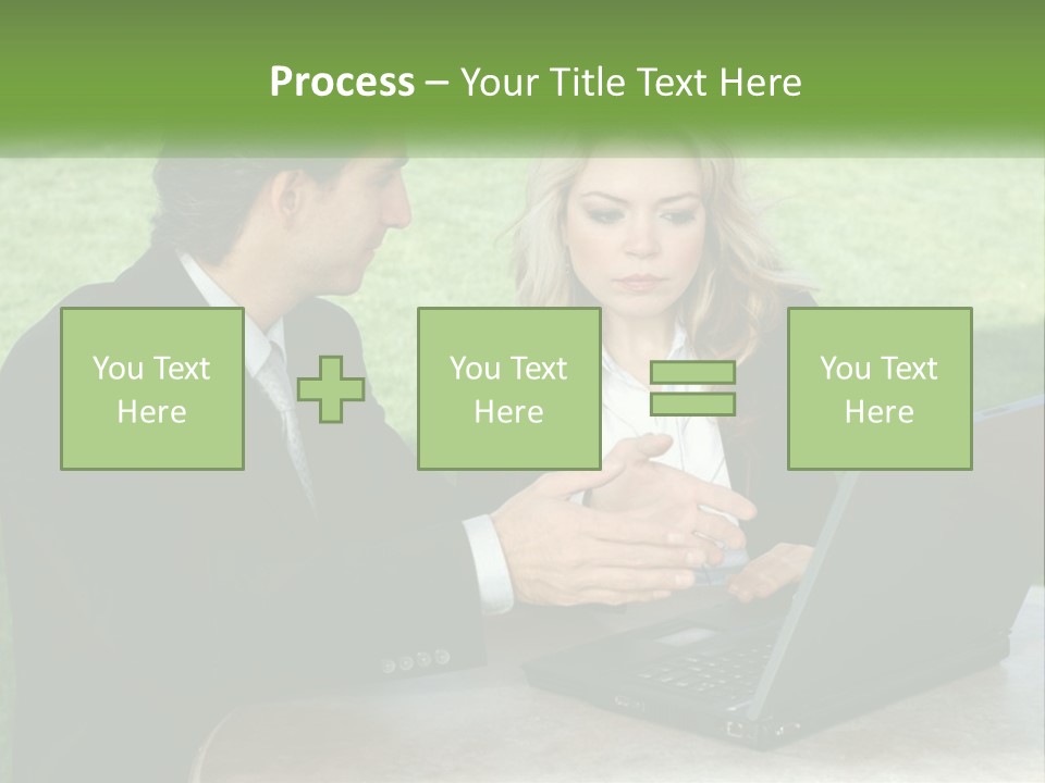 A Man And Woman Sitting At A Table Looking At A Laptop PowerPoint Template