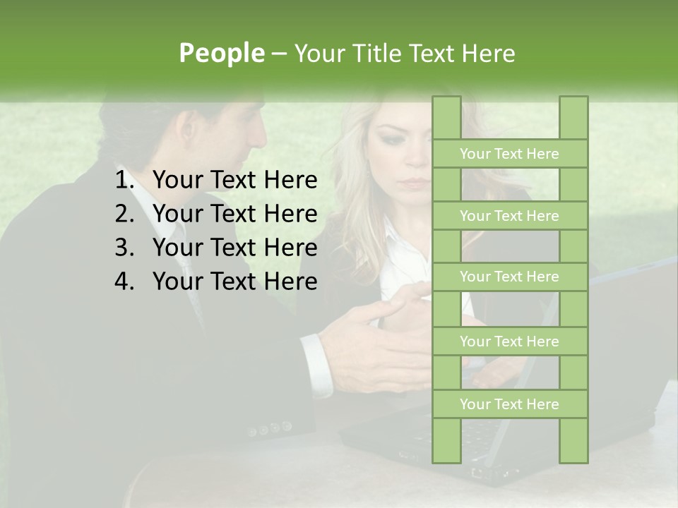 A Man And Woman Sitting At A Table Looking At A Laptop PowerPoint Template