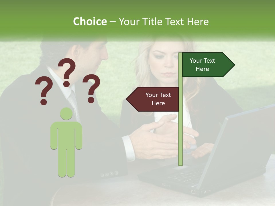 A Man And Woman Sitting At A Table Looking At A Laptop PowerPoint Template