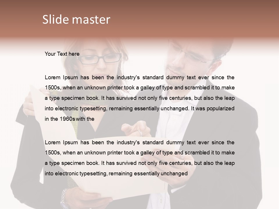 A Man And Woman Looking At A Piece Of Paper PowerPoint Template