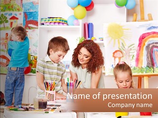 A Woman And Two Children In A Room With Art Supplies PowerPoint Template