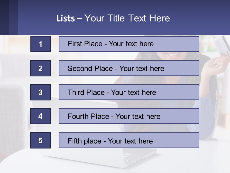 A Woman Sitting At A Table With A Laptop And A Credit Card PowerPoint Template