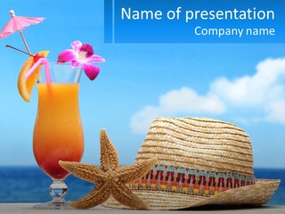 A Drink With A Straw Hat And A Starfish On The Beach PowerPoint Template