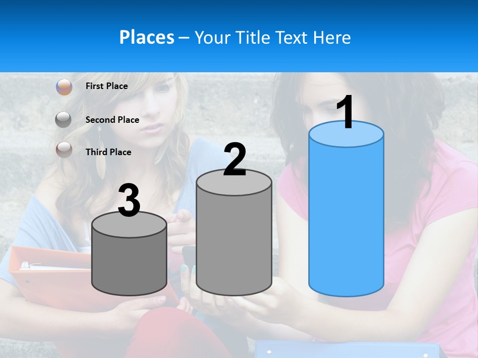 Two Young Women Sitting On Steps Looking At A Tablet PowerPoint Template