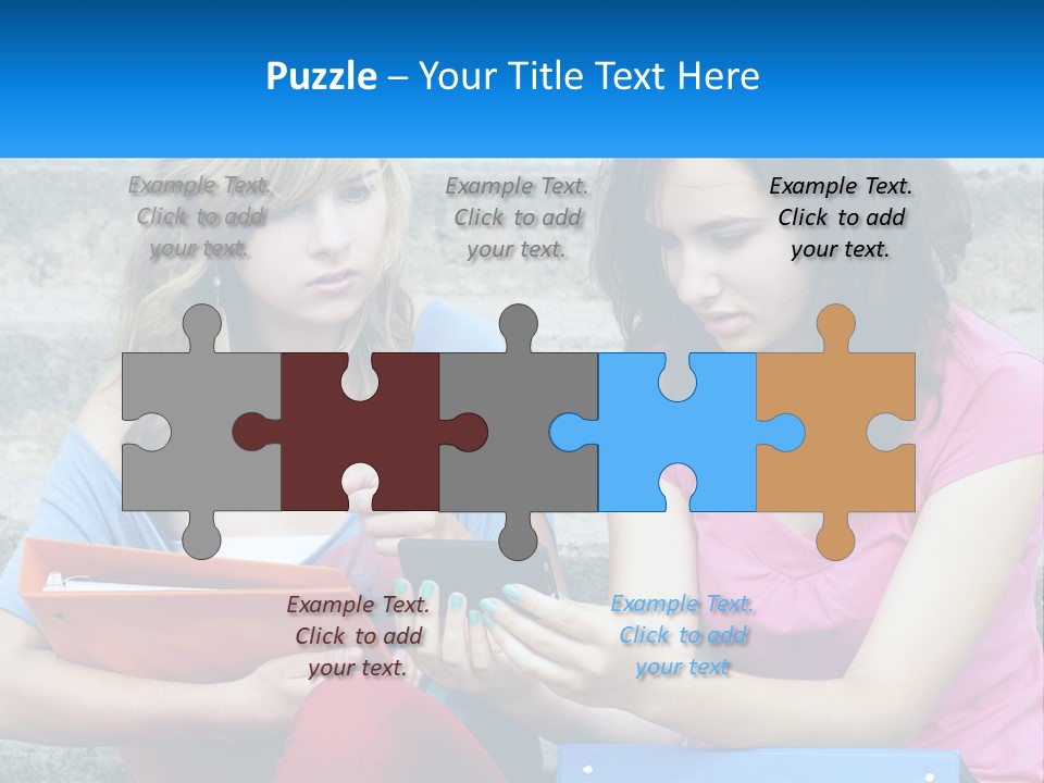 Two Young Women Sitting On Steps Looking At A Tablet PowerPoint Template