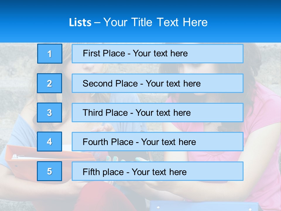 Two Young Women Sitting On Steps Looking At A Tablet PowerPoint Template