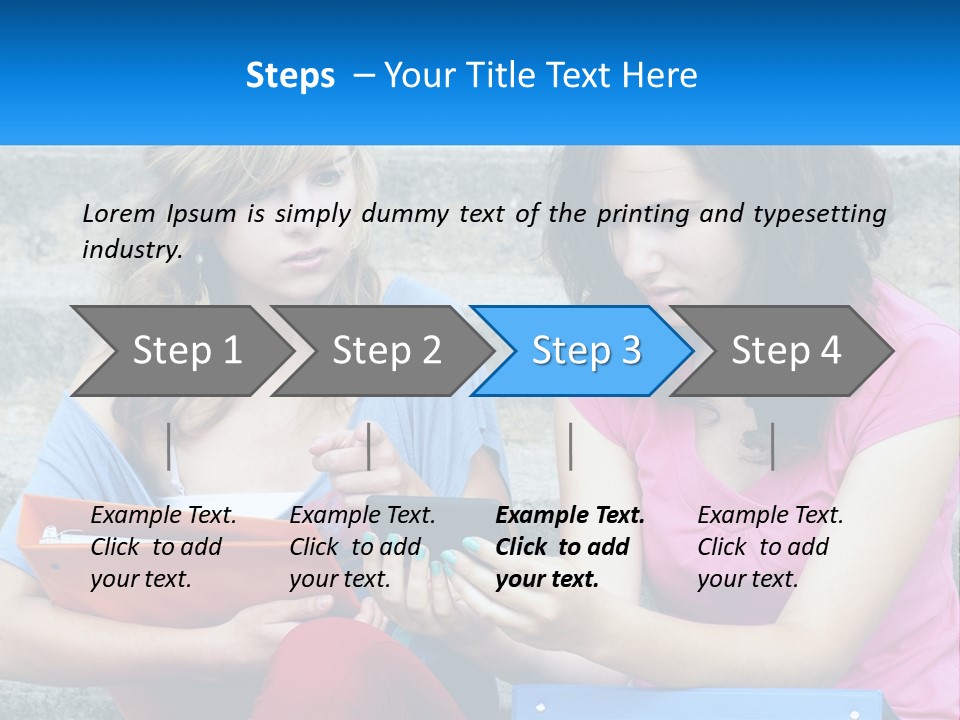 Two Young Women Sitting On Steps Looking At A Tablet PowerPoint Template