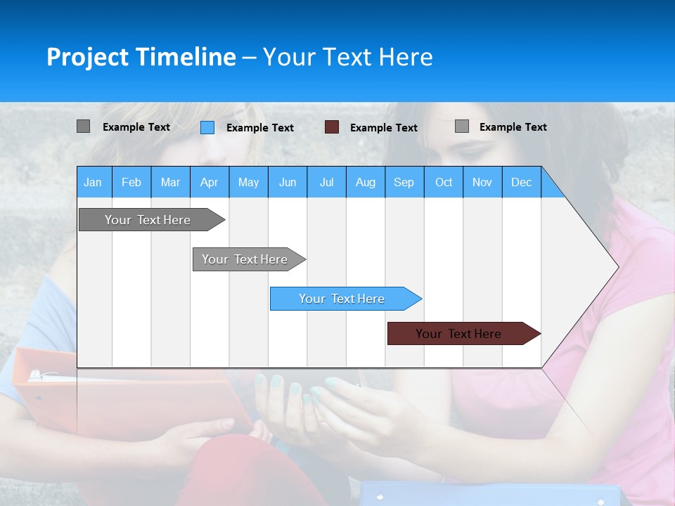 Two Young Women Sitting On Steps Looking At A Tablet PowerPoint Template