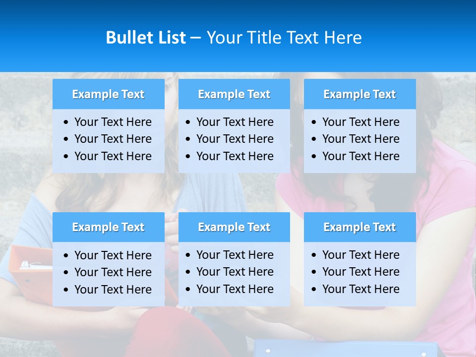 Two Young Women Sitting On Steps Looking At A Tablet PowerPoint Template