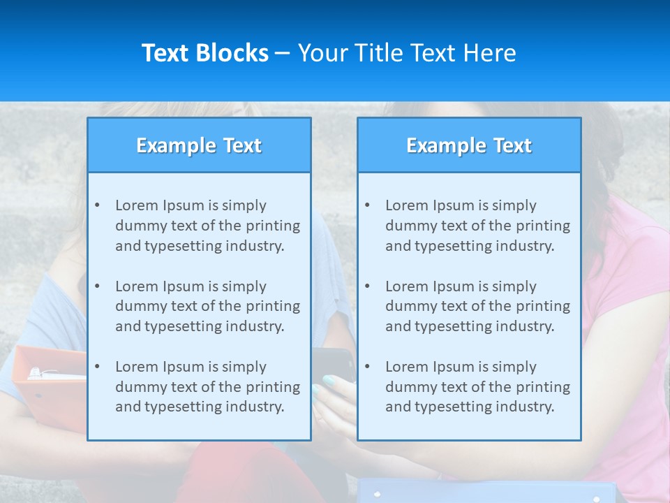 Two Young Women Sitting On Steps Looking At A Tablet PowerPoint Template