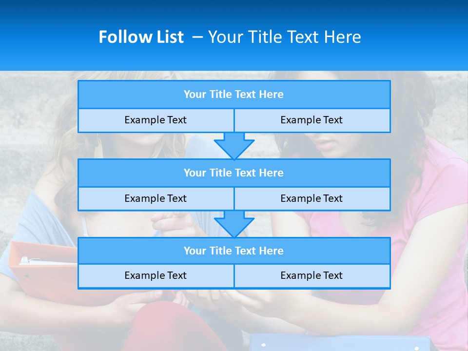 Two Young Women Sitting On Steps Looking At A Tablet PowerPoint Template