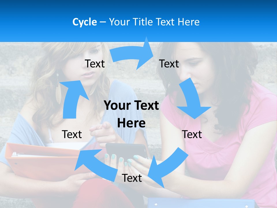 Two Young Women Sitting On Steps Looking At A Tablet PowerPoint Template