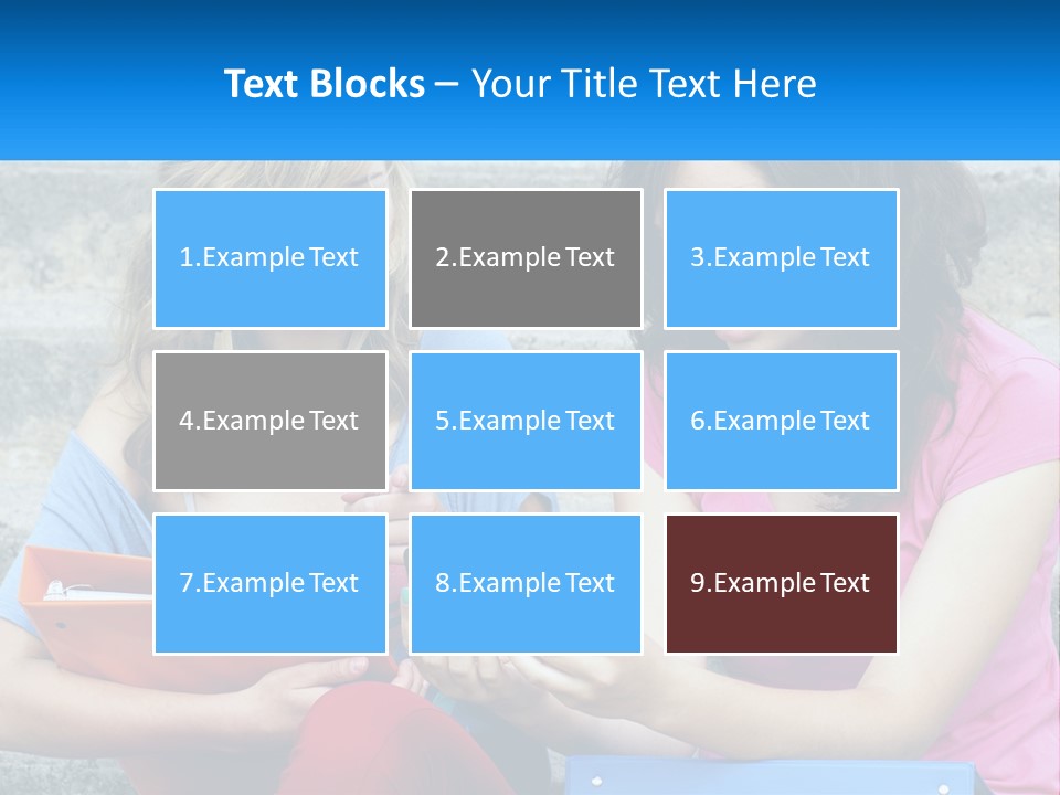 Two Young Women Sitting On Steps Looking At A Tablet PowerPoint Template