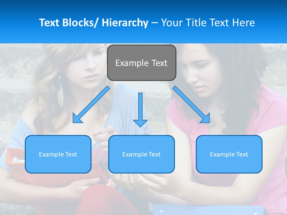 Two Young Women Sitting On Steps Looking At A Tablet PowerPoint Template
