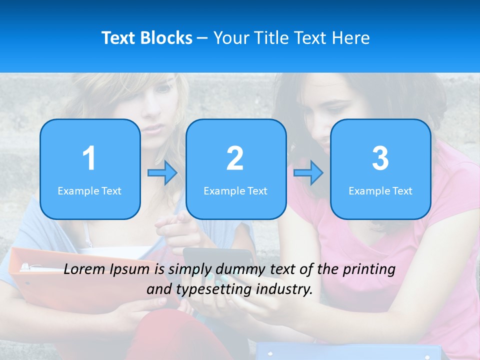 Two Young Women Sitting On Steps Looking At A Tablet PowerPoint Template