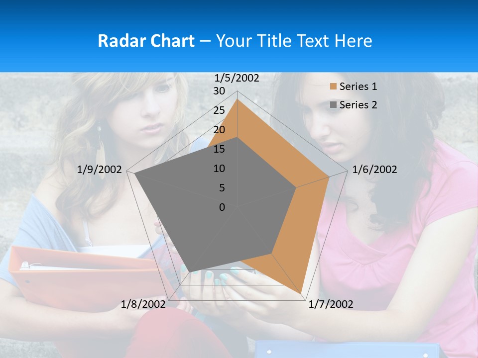 Two Young Women Sitting On Steps Looking At A Tablet PowerPoint Template