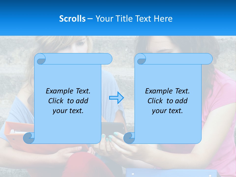 Two Young Women Sitting On Steps Looking At A Tablet PowerPoint Template