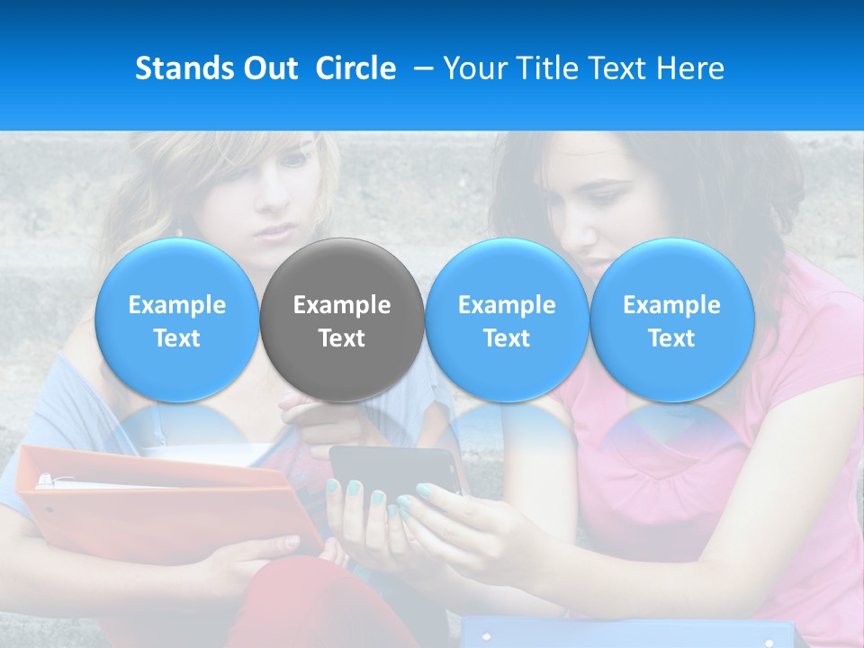 Two Young Women Sitting On Steps Looking At A Tablet PowerPoint Template