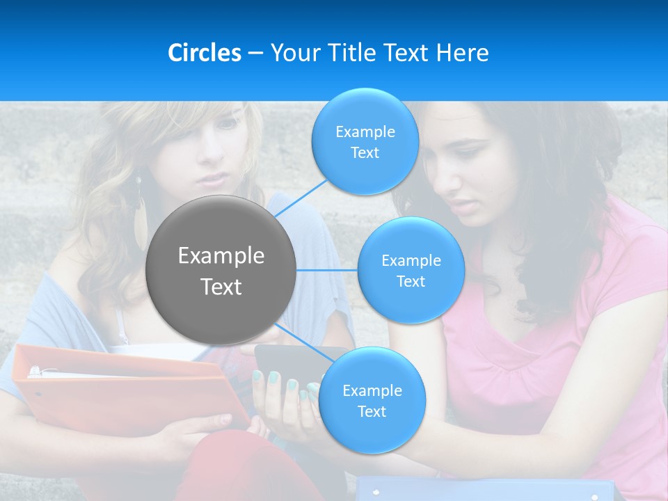 Two Young Women Sitting On Steps Looking At A Tablet PowerPoint Template