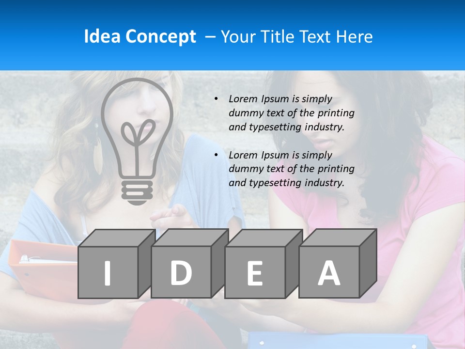 Two Young Women Sitting On Steps Looking At A Tablet PowerPoint Template