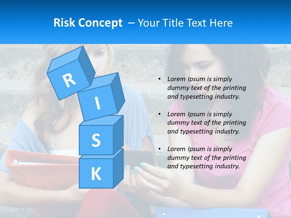 Two Young Women Sitting On Steps Looking At A Tablet PowerPoint Template
