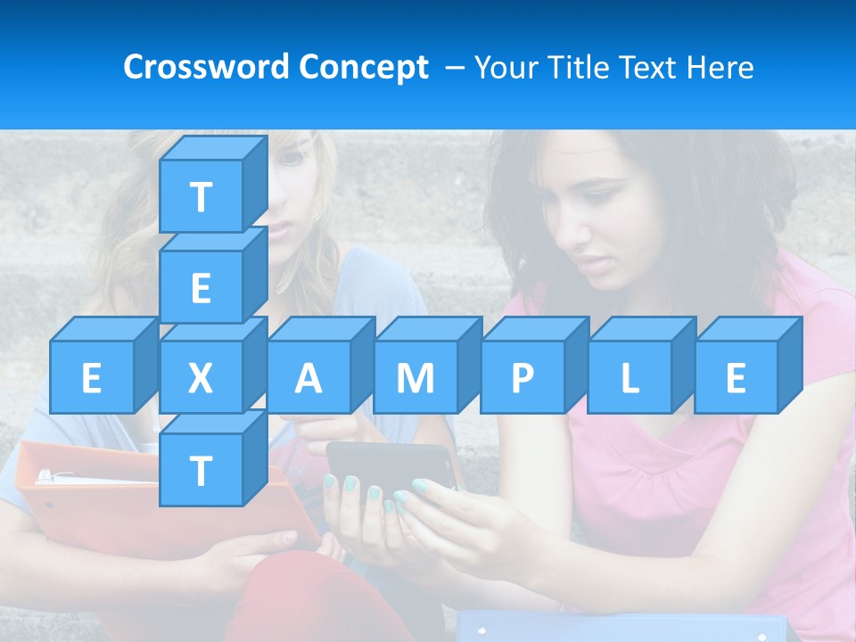 Two Young Women Sitting On Steps Looking At A Tablet PowerPoint Template