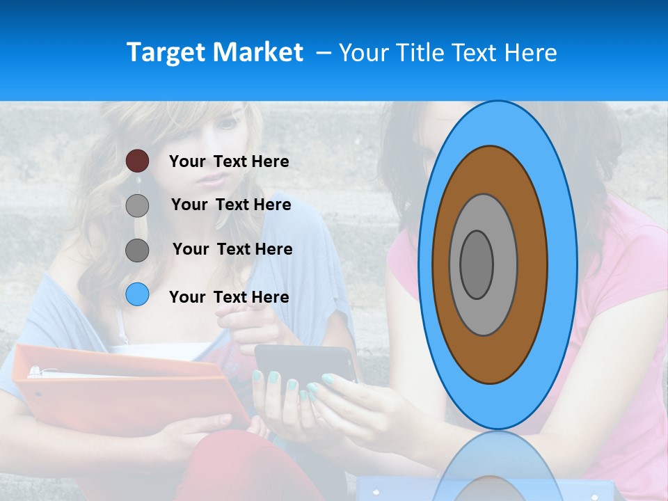 Two Young Women Sitting On Steps Looking At A Tablet PowerPoint Template