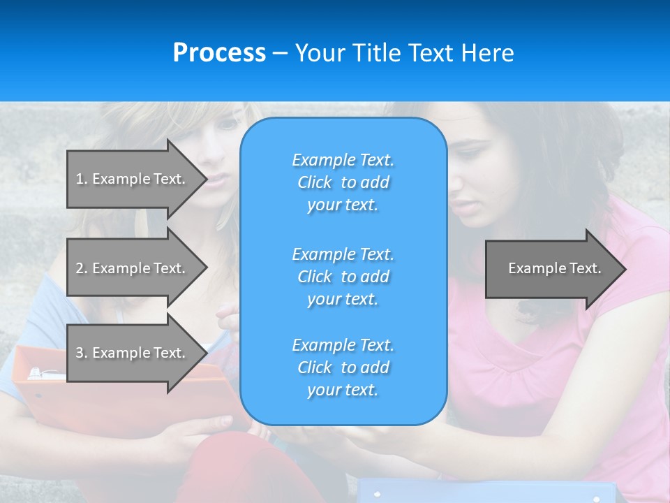 Two Young Women Sitting On Steps Looking At A Tablet PowerPoint Template