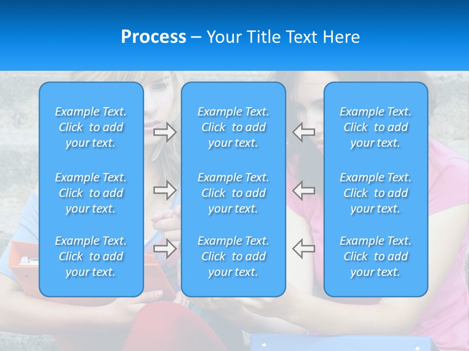 Two Young Women Sitting On Steps Looking At A Tablet PowerPoint Template