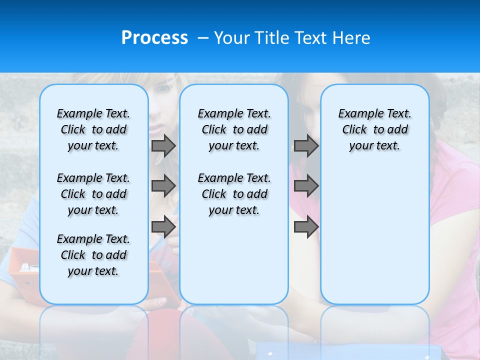 Two Young Women Sitting On Steps Looking At A Tablet PowerPoint Template
